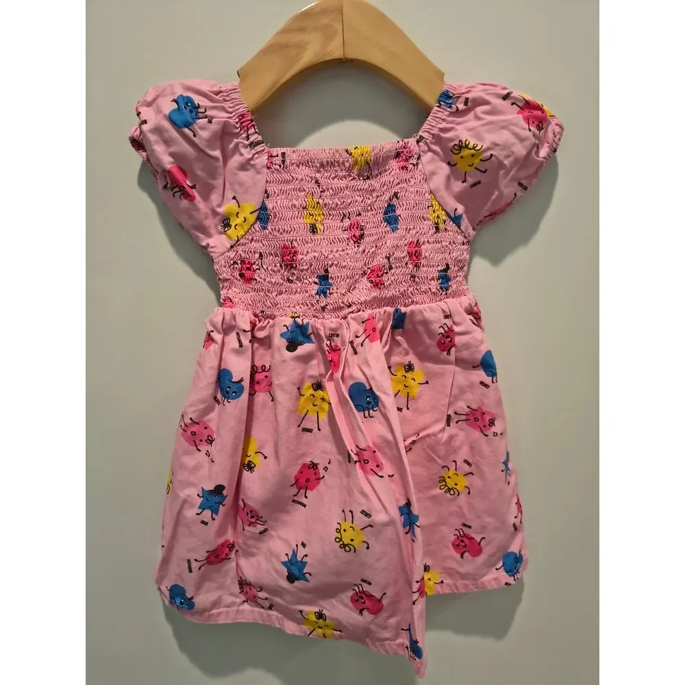 Pink Printed Cotton Girls Casual Wear 6-12m